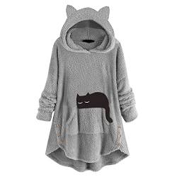 Skang Hoodie Damen Women Pouch Katzenohr-Kapuzenpulli Fleece-Sweatshirt-Knopf niedlich Druck Classic Langär Damensweatshirt (Grey, L) von Skang