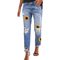 Skang Leichte Sommerhose Damen-Jeans mit geradem Bein und verwaschenem Boyfriend-Jeans im Distressed-Saum Jeanshosen Damen Stretch Mit Applikationen von Skang