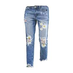 Skang Leichte Sommerhose Damen-Jeans mit geradem Bein und verwaschenem Boyfriend-Jeans im Distressed-Saum Jeanshosen Damen Stretch Mit Applikationen von Skang