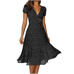 Skang Sommerkleid Damen Lang V-Ausschnitt Strandkleid Lässig Kleider Lose Kurzarm Freizeitkleid Elegant A-Linie Midikleid Knielang Partykleid Polka Dot Maxikleid Hohe Taille Boho Kleid von Skang