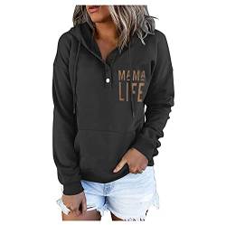 Skang Sweatshirt Damen Frauen Pulli Knopftasche Zeichenkette Langarm-Kapuziner-bedrucktes Blusenh Kuschelpullover Damen Winter (Black, XL) von Skang