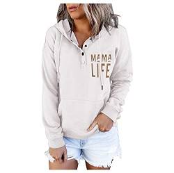 Skang Sweatshirt Damen Frauen Pulli Knopftasche Zeichenkette Langarm-Kapuziner-bedrucktes Blusenh Kuschelpullover Damen Winter (White, M) von Skang