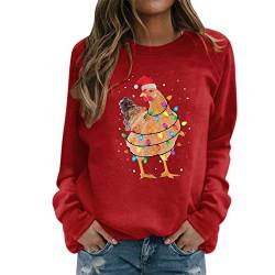 Skang Sweatshirt Damen Weihnachtsdruck, O-Ausschnitt, Rundhalsausschnitt, passend, Pullover, Oberteile, lässig, langärmelig, Workout-Shirts, lockere Bluse Pullover Teenager Mädchen Trend (Red, S) von Skang