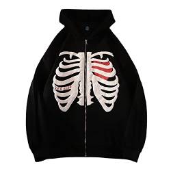 Frauen Zip Up Hoodies Goth Skeleton Rib Cage Graphics Y2K Harajuku Neuheit Sweatshirt (Schwarz, L) von Skateboard Frog