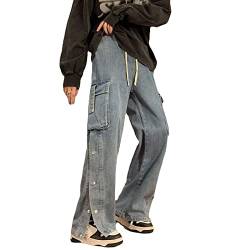 Jeans Herren Casual Relaxed Fit Straight Multi Pocket Baggy Hip Hop Y2K Jeanshosen (127 Blue,L) von Skateboard Frog