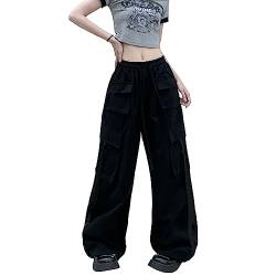 Skateboard Frog Grüne Cargohose Damen Baggy y2k High Waist Seitentasche Parachute Pants Herren (Black,L) von Skateboard Frog