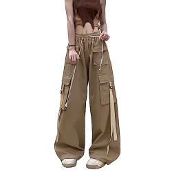 Skateboard Frog Grüne Cargohose Damen Baggy y2k High Waist Seitentasche Parachute Pants Herren (Khaki,M) von Skateboard Frog