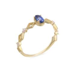 18 Karat Gelbgold Damen Ring Blau Saphir Oval, Ringe Hohler Ovaler Rhombus-Saphir mit Moissanit Ring Damen Größe 63 (20.1) von Skcess