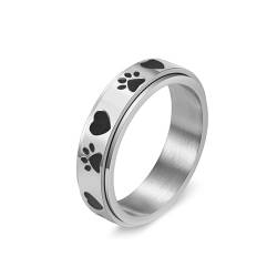 Edelstahl Ringe, Fidget Ring Silber Angst-Spinner-Ring, 6 Mm, Fußabdruck-Herz Geschenke für Damen Frauen Freundin Größe 49 (15.6) von Skcess