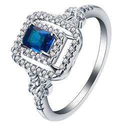 Engagement Ring, Ring Silber Damen Schlicht Größe 54 (17.2) Rechteck mit Blauem Kristall Valentinstag Ring Geschenk von Skcess