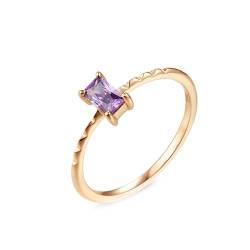 Skcess 14 Karat Roségold Eheringe Lila Amethyst Rechteckig, Ring Frauen Dünner Rechteckiger Solitär-Amethyst Ring Damen Größe 62 (19.7) von Skcess