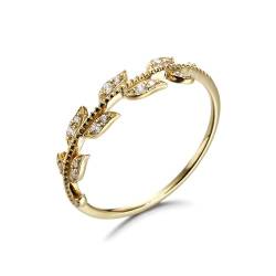 Skcess 18 Karat Gelbgold Engagement Ring Weiß Diamant Runden, Wedding Ring Blatt mit Diamant Ring Damen Größe 54 (17.2) von Skcess