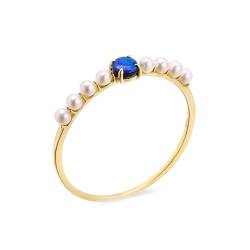 Skcess 18 Karat Gelbgold Verlobungsringe Blau Opal Runden, Damenring Dünner Runder Opal mit Perle Ringe Frauen Größe 61 (19.4) von Skcess