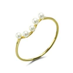 Skcess 18 Karat Gold Ring Damen Weiß Perle Runden, Verlobungsringe Welle mit 5 Perlen Ringe Frauen Größe 56 (17.8) von Skcess