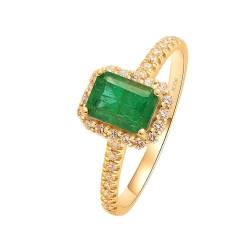 Skcess Goldring Damen 585 Echtgold 14K Ring Damen Grün Smaragd, Damen Ringe 4-Zinken-Rechteckform mit Smaragd und Diamant Ring Damen Größe 63 (20.1) von Skcess
