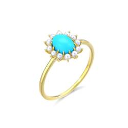 Skcess Goldring Damen 585 Echtgold 14K Ringe Frauen Blau Türkis Oval, Ringe Damen Blume Türkis mit Perle Ring Damen Größe 53 (16.9) von Skcess