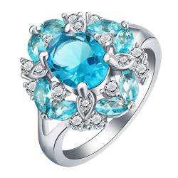 Trauringe Silber, Damen Ringe Größe 52 (16.6) Elegante Blume Oval Kristall Blau Valentinstag Ring Geschenk von Skcess