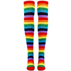 Skeleteen Bunte Regenbogen-Socken – Overknee-Clown gestreiftes Kostüm-Zubehör, Oberschenkelhohe Strümpfe für Männer, Frauen und Kinder von Skeleteen