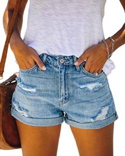 Skrsila Damen Jeans Shorts Sommer Denim Kurze Hose Basic in Aged-Waschung Jeans Bermuda-Shorts High Waist Destroyed Hotpants Boyfriend Loch Jeansshorts S von Skrsila