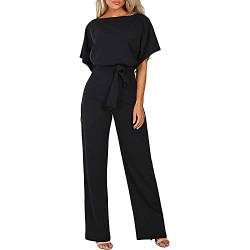 Skrsila Damen Jumpsuit Lang Elegant Kurzarm O-Ausschnitt Overall Einfarbig Hosenanzug Playsuit Romper mit Gürtel von Skrsila