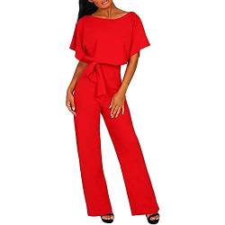 Skrsila Damen Jumpsuit Lang Elegant Kurzarm O-Ausschnitt Overall Einfarbig Hosenanzug Playsuit Romper mit Gürtel von Skrsila