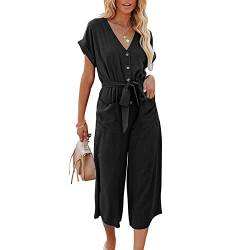 Skrsila Damen Jumpsuit Sommer Elegant Overall Kurzarm V-Ausschnitt Knöpfe Playsuit Weites Bein Hosenanzug Einfarbig Romper mit Gürtel von Skrsila