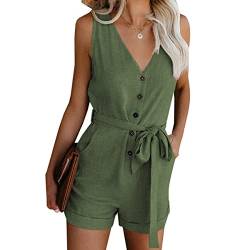 Skrsila Damen Jumpsuit Sommer Kurz Elegant Overall Ärmellos V-Ausschnitt Knöpfe Playsuit mit Gürtel und Taschen Einteiler High Waist Einfarbig Romper von Skrsila