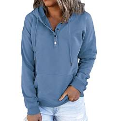Skrsila Damen Kapuzenpullover Hoodie Pullover Knopfleiste Casual Sweatshirt mit Kapuze Frauen Streetwear Kapuzenpulli Blau L von Skrsila