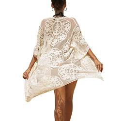 Skrsila Damen Kimono Cardigan Strand Sommer Lang Pareos Strandkleider Spitze Sexy Boho Strandponcho 3/4 Ärmel Beachwear Bikini Cover Up von Skrsila