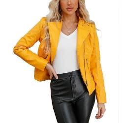 Skrsila Damen Lederjacke Kurz Bikerjacke Stehkragen Übergangsjacke Motoradjacke Herbst Winter Kunstleder Jacke Gelb L von Skrsila