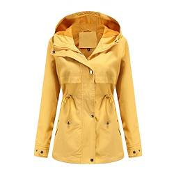 Skrsila Damen Regenjacke Wasserdicht Atmungsaktiv Regenmantel Windjacke mit Kapuze Outdoorjacke mit Einstellbarer Kordelzug Einfarbig Funktionsjacke Regenparka Übergangsjacke Gelb L von Skrsila