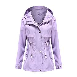 Skrsila Damen Regenjacke Wasserdicht Atmungsaktiv Regenmantel Windjacke mit Kapuze Outdoorjacke mit Einstellbarer Kordelzug Einfarbig Funktionsjacke Regenparka Übergangsjacke Lila L von Skrsila