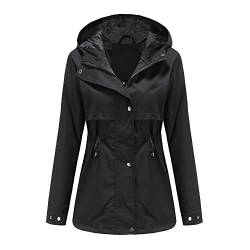 Skrsila Damen Regenjacke Wasserdicht Atmungsaktiv Regenmantel Windjacke mit Kapuze Outdoorjacke mit Einstellbarer Kordelzug Einfarbig Funktionsjacke Regenparka Übergangsjacke Schwarz XL von Skrsila