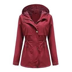 Skrsila Damen Regenjacke Wasserdicht Atmungsaktiv Regenmantel Windjacke mit Kapuze Outdoorjacke mit Einstellbarer Kordelzug Einfarbig Funktionsjacke Regenparka Übergangsjacke Weinrot XXL von Skrsila