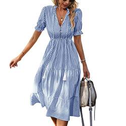 Skrsila Damen Sommerkleid Gestreift V-Ausschnitt Kurzarm Freizeitkleid Knielang Partykleid Strandkleider mit Knöpfen Casual Sommer Kleider von Skrsila