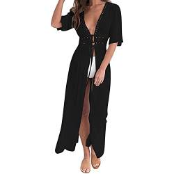 Skrsila Damen Strandkleid Lang Pareos Kleider Kimono Cardigan Beachwear Sommer Sexy Boho Strandponcho Bikini Cover Up, Schwarz, XL von Skrsila