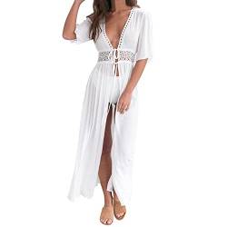 Skrsila Damen Strandkleid Lang Pareos Kleider Kimono Cardigan Beachwear Sommer Sexy Boho Strandponcho Bikini Cover Up, Weiß, XXL von Skrsila