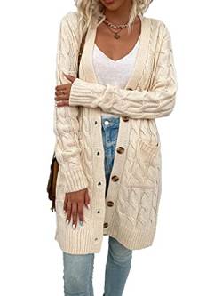 Skrsila Damen Strickjacke Lang Cardigan mit Taschen Strickmantel Langarm Knopfleiste Knit Cardigan Open Front Herbst Winter Strick Mantel von Skrsila