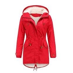 Skrsila Damen Winterjacke Gefüttert Warm Winter Parka Jacke mit Kapuze Mittellang Wintermantel Rot 4XL von Skrsila