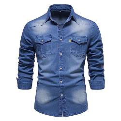 Skrsila Herren Jeanshemd Denim Shirt Langarmhemd Cowboy-Style Kent-Kragen Business Casual Männer Freizeit Hemd, Blau von Skrsila