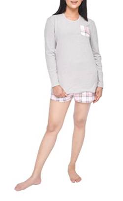 Sleepdown Damen t-Shirt Karomuster Schlafanzug 2-teilig Kurzarm Taschen T-Shirt & Kariert Short Set Casual Loungewear Nachtwäsche, Grau/Pink, L von Sleepdown