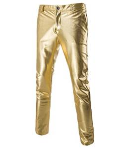 Hose Herren Lederhose Slim Fit Schnitt Night Club Party Heißprägen Leichte Stoffe Mit Taschen Gold, XL von Sliktaa