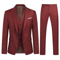 Sliktaa Anzug Herren 3-Teillig mit Muster Hochzeit Party Schalkragen Formell Business Smoking Blazer und Hose, Weinrot, S von Sliktaa