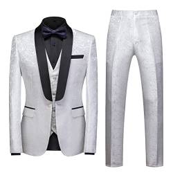 Sliktaa Anzug Herren 3-Teillig mit Schalkragen Muster Hochzeit Formell Business Smoking Jacke Weste und Hose(Weiß XXL) von Sliktaa