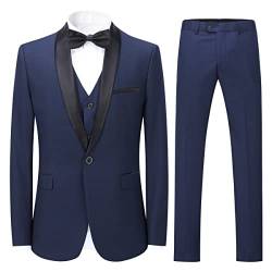 Sliktaa Herren Anzüge 3 Stück Slim Fit Hochzeit Formale Abendessen Anzug Schwarz Eine Taste Gekerbt Revers Smoking Blazer Jacke Hose und Weste(Blau 3XL) von Sliktaa