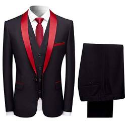 Sliktaa Herren Anzug 3 Teilig Slim Fit Reihe einfarbig Stoff Business Shawl Kragen Rot Large von Sliktaa