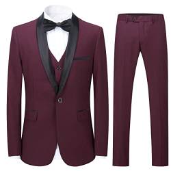 Sliktaa Herren Anzug 3 Teilig Slim Fit Reihe einfarbig Stoff Business Shawl Kragen Rot Large von Sliktaa