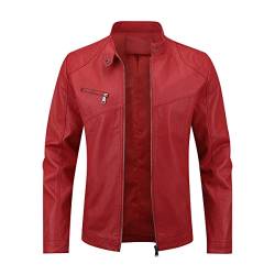 Sliktaa Herren Jacke aus Kunstleder mit Stehkragen Übergangsoberteil Lässig Motorrad Piloten Reißverschluss Casual Klassisch Lederjacke(Rot XL) von Sliktaa