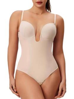 Slimers Tanga Shapewear für Frauen Bauchkontrolle Low Back U Plunge Rückenfrei Body Shaper BH Faja mit offenem Schritt Bodysuit, Beige, L von Slimers