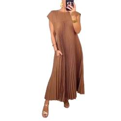 Slipasikao Frauen Plissee Einfache Einfarbig Casual Kleid Sommer Langes Kleid Modische Rundhals Ärmelloses Plissee Kleid (Brown,2XL) von Slipasikao
